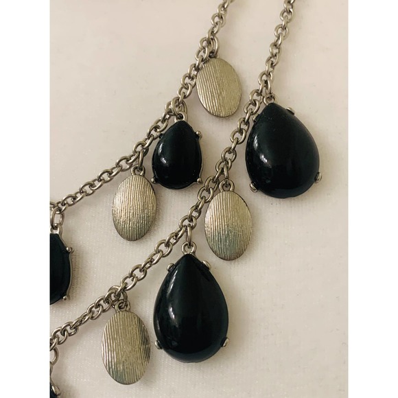 Black Teardrop Silver Oval Statement Bib Two Strand Chain Necklace Adjustable - Picture 3 of 8